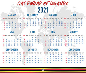 Uganda Calendar with flag. Month, day, week. Simply flat design. Vector illustration background for desktop, business, reminder, planner