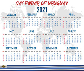 Uruguay Calendar with flag. Month, day, week. Simply flat design. Vector illustration background for desktop, business, reminder, planner