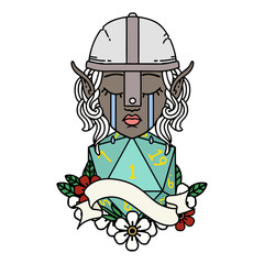 crying elf fighter character face with natural one D20 roll illustration