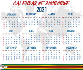 Zimbabwe Calendar with flag. Month, day, week. Simply flat design. Vector illustration background for desktop, business, reminder, planner