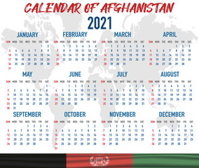 Afghanistan Calendar with flag. Month, day, week. Simply flat design. Vector illustration background for desktop, business, reminder, planner