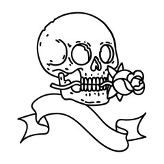 black linework tattoo with banner of a skull and rose