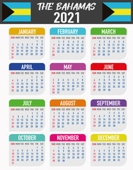 Bahamas Calendar with flag. Month, day, week. Simply flat design. Vector illustration background for desktop, business, reminder, planner
