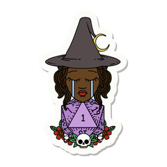 crying human witch with natural one D20 dice roll sticker