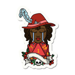 crying human druid character with natural one D20 roll sticker