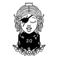 elf rogue character with natural twenty dice roll illustration