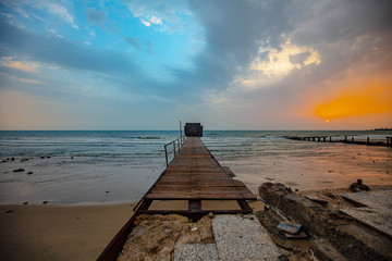 sunset,bridge,old bridge,sky,cloud,sea