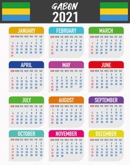 Gabon Calendar with flag. Month, day, week. Simply flat design. Vector illustration background for desktop, business, reminder, planner