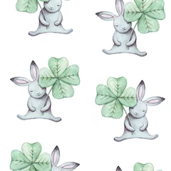 Foto op Plexiglas Aquarel prints Schattig naadloze patroon aquarel cartoon konijntje met groene klaver. Zomer illustratie. Voor babytextiel, stof, print en behang.