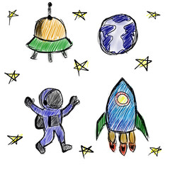 Sketches of space objects: stars, rocket, planet, UFO, astronaut in freehand drawing style.