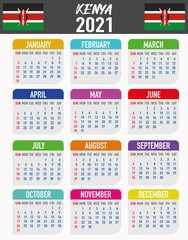 Kenya Calendar with flag. Month, day, week. Simply flat design. Vector illustration background for desktop, business, reminder, planner