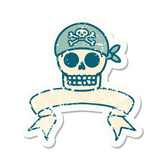 grunge sticker with banner of a pirate skull