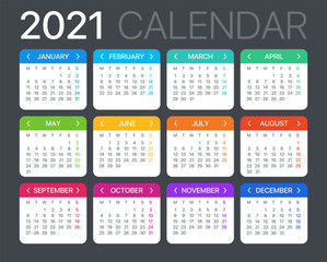 2021 Calendar - vector template graphic illustration - Monday to Sunday