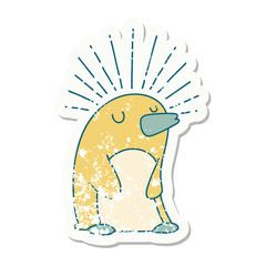 grunge sticker of tattoo style happy penguin