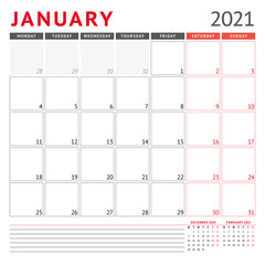 Calendar template for January 2021. Business monthly planner. Stationery design. Week starts on Monday