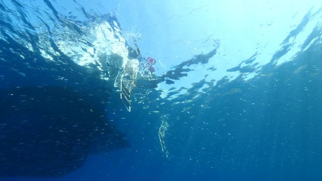scuba divers jumping in water from boat underwater ocean scenery