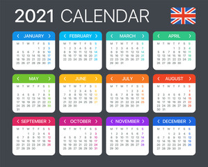 2021 Calendar - vector template graphic illustration - United Kingdom version