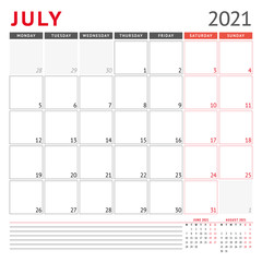 Calendar template for July 2021. Business monthly planner. Stationery design. Week starts on Monday