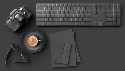 cup of coffee next to the camera, keyboard and glasses on a black background
