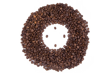 Coffee beans gathered in circle isolated on white background top view.