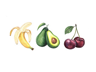 Watercolor illustration of banana, avocado and cherry on a white background