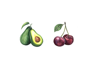 Watercolor illustration of avocado and cherry on a white background