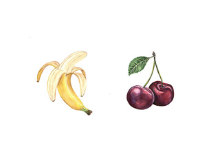 Watercolor illustration of a banana and cherry on a white background