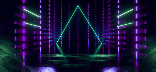 Neon Sci Fi Futuristic Cyber Green Triangle Purple  Glowing Stage Podium Showroom Empty Schematic Textured Tunnel Corridor Background Alien Spaceship Cyberpunk Synthwave 3D Rendering