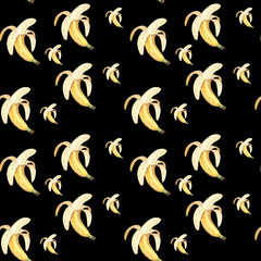 Watercolor illustration of a banana on a black background seamless pattern