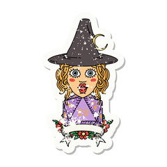 human witch with natural twenty dice roll grunge sticker