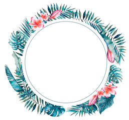 Tropical watercolor frame with tropical leaves and flowers