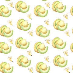 Watercolor illustration seamless pattern of bananas and melon on a whait background