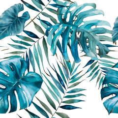 Watercolor seamless pattern with tropical leaves