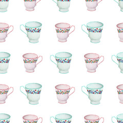 Hand painted watercolor seamless pattern with tea cups with cute flowers isolated on white. Tea time themed design. Porcelain cup of tea or coffee. 