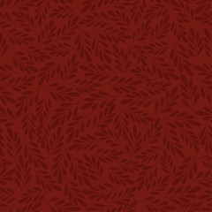 Floral seamless pattern with leaves on twigs. Vector illustration for fabric, wrapping paper, backgrounds, packaging. On a dark burgundy background.