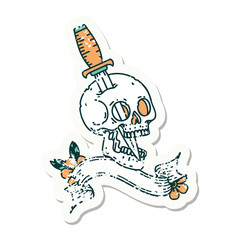 grunge sticker with banner of a skull and dagger