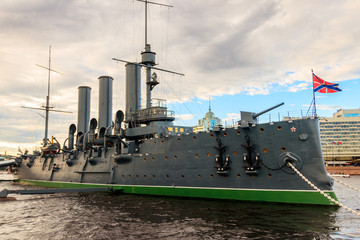Old revolutionary Aurora cruiser,  the symbol of the October revolution, currently preserved as a...