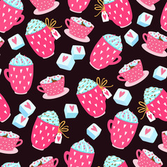 Valentines day seamless pattern with cups, hearts and small pieces of sugar. - 340038809