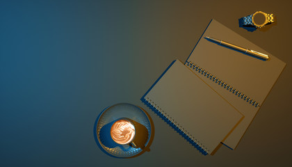 cup of coffee on a black background next to a notebook in blue and yellow lighting