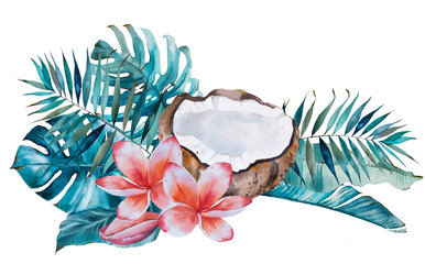 Tropical watercolor bouquet with tropical leaves, coconut and flower