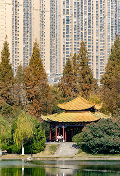 The contrast between the new city and the traditional temple
