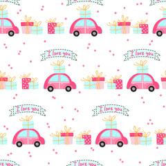 Fototapeta na wymiar Seamless Pattern for Valentines day with cute cars and gift boxes on a wihte background