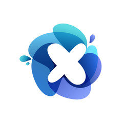 Letter X pure water logo. Swirling overlapping shape with splashing drops.