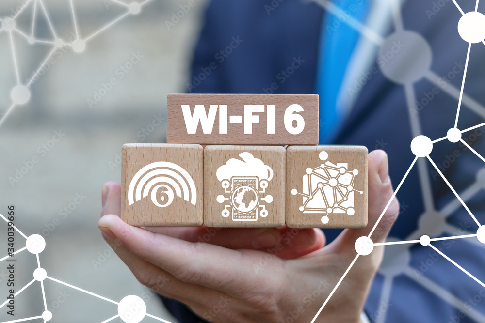 Poster wi-fi 6 communication connection data multiple access concept. wireless fidelity sixth generation ne
