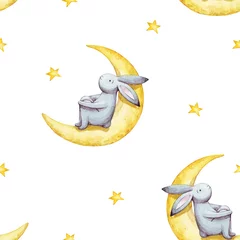 Deurstickers Aquarel prints Leuke naadloze patroon aquarel cartoon konijntje met wassende maan en gele sterren. Kinderen illustratie. Voor babytextiel, stof, print en behang.