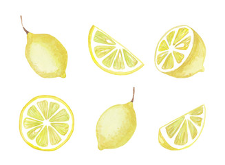 Watercolor set of yellow lemons isolated on a white background