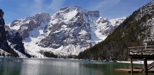 The famous mountain lake in Italy. Beautiful Bryce Lake in the Alps in winter.