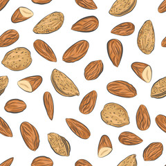 Obraz premium Almond nuts seamless pattern. Nut on white background endless pattern.