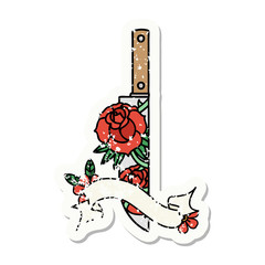 grunge sticker with banner of a dagger and flowers