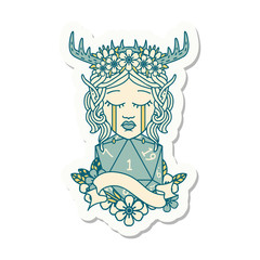 crying elf druid character face with natural one roll sticker